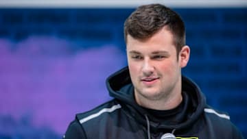 INDIANAPOLIS, IN - FEBRUARY 26: Ezra Cleveland #OL11 of the Boise State Broncos speaks to the media at the Indiana Convention Center on February 26, 2020 in Indianapolis, Indiana. (Photo by Michael Hickey/Getty Images) *** Local caption *** Ezra Cleveland