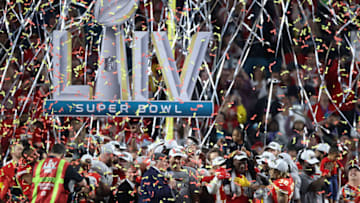 MIAMI, FLORIDA - FEBRUARY 02: The Kansas City Chiefs celebrate with the Vince Lombardi Trophy after defeating the San Francisco 49ers 31-20 in Super Bowl LIV at Hard Rock Stadium on February 02, 2020 in Miami, Florida. (Photo by Al Bello/Getty Images)