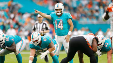 MIAMI, FLORIDA - DECEMBER 22: Ryan Fitzpatrick #14 of the Miami Dolphins in action against the Cincinnati Bengals during the fourth quarter at Hard Rock Stadium on December 22, 2019 in Miami, Florida. (Photo by Michael Reaves/Getty Images)