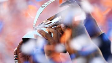 DENVER, CO - JANUARY 19: The Denver Broncos hold up the Lamar Hunt Trophy after defeating the New England Patriots 26 to 16 in the AFC Championship game at Sports Authority Field at Mile High on January 19, 2014 in Denver, Colorado. (Photo by Elsa/Getty Images)