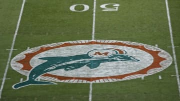 MIAMI GARDENS, FL - OCTOBER 23: The Miami Dolphins wore throwback jerseys and pointed their original logo at midfield for the game against the Buffalo Bills on October 23, 2016 at Hard Rock Stadium in Miami Gardens, Florida. Miami defeated Buffalo 28-25. (Photo by Joel Auerbach/Getty Images)