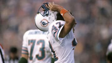 Miami Dolphins safety Glenn Blackwood (47) reacts to an apparent fumble that was ruled an incomplete pass during Super Bowl XIX, a 38-16 loss to the San Francisco 49ers on January 20, 1985, at Stanford Stadium in Stanford, California. (Photo by Rob Brown/Getty Images) *** Local Caption ***
