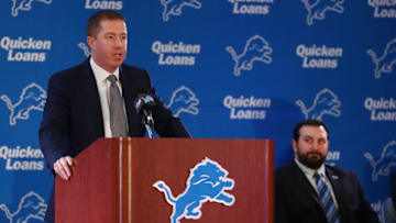 ALLEN PARK, MI - FEBRUARY 07: Bob Quinn General Manager of the Detroit Lions introduces Matt Patricia as the Lions new head coach at the Detroit Lions Practice Facility on February 7, 2018 in Allen Park, Michigan. (Photo by Gregory Shamus/Getty Images)