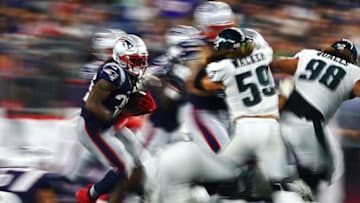 FOXBOROUGH, MA - AUGUST 16: Brandon Bolden #38 of the New England Patriots carries the ball in the second half against the Philadelphia Eagles during the preseason game at Gillette Stadium on August 16, 2018 in Foxborough, Massachusetts. (Photo by Tim Bradbury/Getty Images)