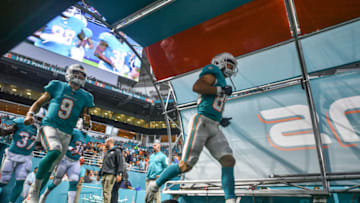 MIAMI, FL - AUGUST 25: David Fales #9 and Danny Amendola #80 of the Miami Dolphins take the field before a preseason game against the Baltimore Ravens at Hard Rock Stadium on August 25, 2018 in Miami, Florida. (Photo by Mark Brown/Getty Images)