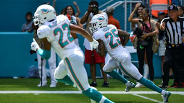 MIAMI, FL - SEPTEMBER 23: Xavien Howard #25 of the Miami Dolphins gets an interception during the second quarter against the Oakland Raiders at Hard Rock Stadium on September 23, 2018 in Miami, Florida. (Photo by Mark Brown/Getty Images)