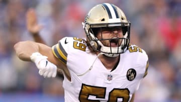 EAST RUTHERFORD, NJ - SEPTEMBER 30: Vince Biegel #59 of the New Orleans Saints celebrates after a tackle against the New York Giants during the third quarter at MetLife Stadium on September 30, 2018 in East Rutherford, New Jersey. (Photo by Elsa/Getty Images)