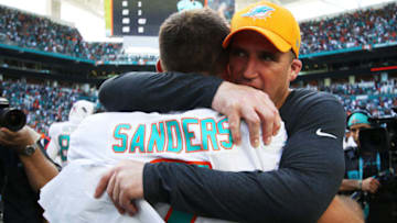 MIAMI, FL - OCTOBER 14: Jason Sanders #7 of the Miami Dolphins celebrates with head coach Adam Gase after kicking the game winning field goal against the Chicago Bears in overtime at Hard Rock Stadium on October 14, 2018 in Miami, Florida. (Photo by Marc Serota/Getty Images)