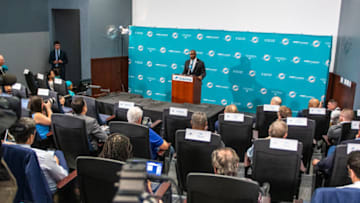 DAVIE, FL - FEBRUARY 04: Brian Flores speaks during a press conference as he is introduced as the new Head Coach of the Miami Dolphins at Baptist Health Training Facility at Nova Southern University on February 4, 2019 in Davie, Florida. (Photo by Mark Brown/Getty Images)