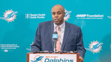 DAVIE, FL - FEBRUARY 04: Chris Grier General Manager of the Miami Dolphins speaks during a press conference as he introduces Brian Flores as the new Head Coach of the Miami Dolphins at Baptist Health Training Facility at Nova Southern University on February 4, 2019 in Davie, Florida. (Photo by Mark Brown/Getty Images)