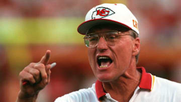 Kansas City Chiefs Head Coach Marty Schottenheimer reacts to a pass interference call against the Chiefs during the first half of their 30-10 preseason win against the Carolina Panthers at Kansas City's Arrowhead Stadium 14 August. AFP PHOTO Dave KAUP (Photo by DAVE KAUP / AFP) (Photo credit should read DAVE KAUP/AFP via Getty Images)