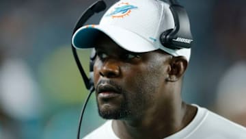 MIAMI, FLORIDA - AUGUST 08: Head coach Brian Flores of the Miami Dolphins looks on from the sideline against the Atlanta Falcons during the first quarter of the preseason game at Hard Rock Stadium on August 08, 2019 in Miami, Florida. (Photo by Michael Reaves/Getty Images)