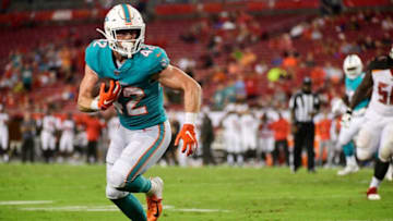 TAMPA, FLORIDA - AUGUST 16: Patrick Laird #42 of the Miami Dolphins catches an 8-yard touchdown pass thrown by Jake Rudock #5 in the fourth quarter of a preseason football game against the Tampa Bay Buccaneers at Raymond James Stadium on August 16, 2019 in Tampa, Florida. (Photo by Julio Aguilar/Getty Images)