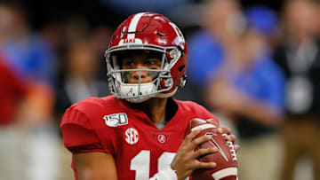 ATLANTA, GEORGIA - AUGUST 31: Tua Tagovailoa #13 of the Alabama Crimson Tide warms up prior to facing the Duke Blue Devils at Mercedes-Benz Stadium on August 31, 2019 in Atlanta, Georgia. (Photo by Kevin C. Cox/Getty Images)