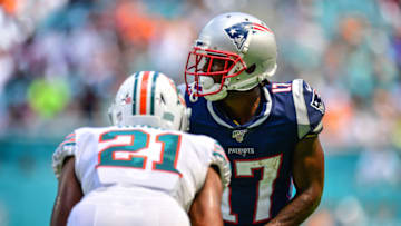 MIAMI, FLORIDA - SEPTEMBER 15: Antonio Brown #17 of the New England Patriots lines up in the third quarter against the Miami Dolphins at Hard Rock Stadium on September 15, 2019 in Miami, Florida. (Photo by Mark Brown/Getty Images)