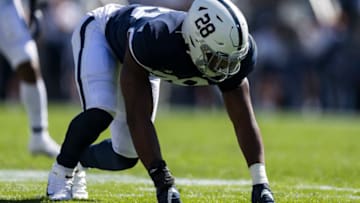 STATE COLLEGE, PA - OCTOBER 05: Jayson Oweh #28 of the Penn State Nittany Lions lines up against the Purdue Boilermakers during the second half at Beaver Stadium on October 5, 2019 in State College, Pennsylvania. (Photo by Scott Taetsch/Getty Images)