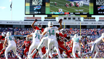 ORCHARD PARK, NY - OCTOBER 20: Ryan Fitzpatrick #14 of the Miami Dolphins throws the ball during the fourth quarter of an NFL game against the Buffalo Bills at New Era Field on October 20, 2019 in Orchard Park, New York. (Photo by Bryan M. Bennett/Getty Images)