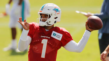 DAVIE, FLORIDA - AUGUST 18: Tua Tagovailoa #1 of the Miami Dolphins throws a pass during training camp at Baptist Health Training Facility at Nova Southern University on August 18, 2020 in Davie, Florida. (Photo by Michael Reaves/Getty Images)