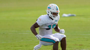 DAVIE, FLORIDA - AUGUST 21: Malcolm Perry #10 of the Miami Dolphins in action during training camp at Baptist Health Training Facility at Nova Southern University on August 21, 2020 in Davie, Florida. (Photo by Mark Brown/Getty Images)