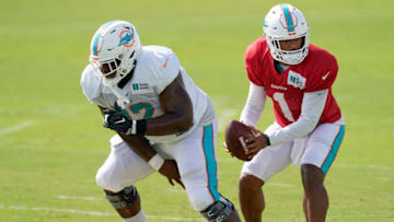 DAVIE, FLORIDA - AUGUST 21: Tua Tagovailoa #1 of the Miami Dolphins in action during training camp at Baptist Health Training Facility at Nova Southern University on August 21, 2020 in Davie, Florida. (Photo by Mark Brown/Getty Images)