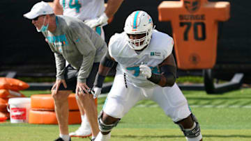 DAVIE, FLORIDA - AUGUST 21: Austin Jackson #73 of the Miami Dolphins performs lineman drills during training camp at Baptist Health Training Facility at Nova Southern University on August 21, 2020 in Davie, Florida. (Photo by Mark Brown/Getty Images)