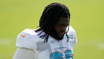 DAVIE, FLORIDA - AUGUST 21: Solomon Kindley #66 of the Miami Dolphins heads to the field during training camp at Baptist Health Training Facility at Nova Southern University on August 21, 2020 in Davie, Florida. (Photo by Mark Brown/Getty Images)