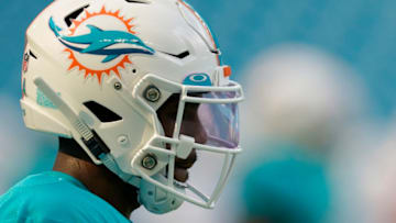 MIAMI GARDENS, FLORIDA - AUGUST 29: A detailed view of the Oakley visor worn by Byron Jones #24 of the Miami Dolphins while stretching with the team before training camp drills at Hard Rock Stadium on August 29, 2020 in Miami Gardens, Florida. (Photo by Mark Brown/Getty Images)