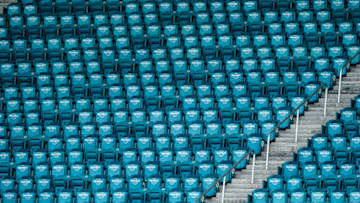 MIAMI GARDENS, FLORIDA - AUGUST 29: A general view of the socially distant seating arrangement in the stadium during Miami Dolphins training camp at Hard Rock Stadium on August 29, 2020 in Miami Gardens, Florida. (Photo by Mark Brown/Getty Images)
