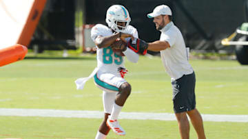 DAVIE, FLORIDA - AUGUST 31: Ricardo Louis #89 of the Miami Dolphins works through a drill during training camp at Baptist Health Training Facility at Nova Southern University on August 31, 2020 in Davie, Florida. (Photo by Michael Reaves/Getty Images)