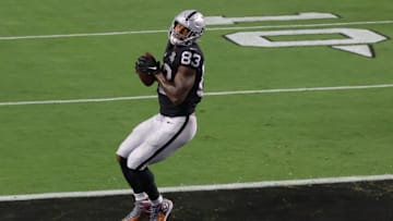 LAS VEGAS, NEVADA - SEPTEMBER 21: Tight end Darren Waller #83 of the Las Vegas Raiders catches a 1-yard touchdown reception against the New Orleans Saints during the NFL game at Allegiant Stadium on September 21, 2020 in Las Vegas, Nevada. The Raiders defeated the Saints 34-24. (Photo by Christian Petersen/Getty Images)
