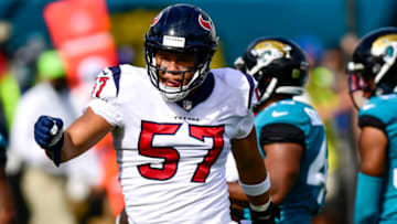 JACKSONVILLE, FLORIDA - NOVEMBER 08: Brennan Scarlett #57 of the Houston Texans reacts during the first half against the Jacksonville Jaguars at TIAA Bank Field on November 08, 2020 in Jacksonville, Florida. (Photo by Douglas P. DeFelice/Getty Images)