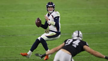 LAS VEGAS, NEVADA - NOVEMBER 15: Drew Lock #3 of the Denver Broncos looks to throw against the Las Vegas Raiders during the second half at Allegiant Stadium on November 15, 2020 in Las Vegas, Nevada. (Photo by Sean M. Haffey/Getty Images)