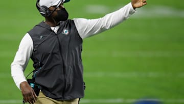 LAS VEGAS, NEVADA - DECEMBER 26: Head coach Brian Flores of the Miami Dolphins watches action during a game against the Las Vegas Raiders at Allegiant Stadium on December 26, 2020 in Las Vegas, Nevada. (Photo by Harry How/Getty Images)