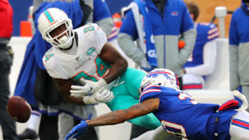 ORCHARD PARK, NEW YORK - JANUARY 03: Dane Jackson #30 of the Buffalo Bills breaks up a pass intended for Isaiah Ford #84 of the Miami Dolphins in the third quarter at Bills Stadium on January 03, 2021 in Orchard Park, New York. (Photo by Timothy T Ludwig/Getty Images)