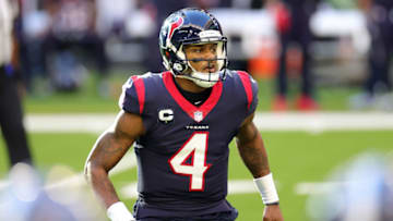 HOUSTON, TEXAS - JANUARY 03: Deshaun Watson #4 of the Houston Texans watches a play during the first half against the Tennessee Titans at NRG Stadium on January 03, 2021 in Houston, Texas. (Photo by Carmen Mandato/Getty Images)