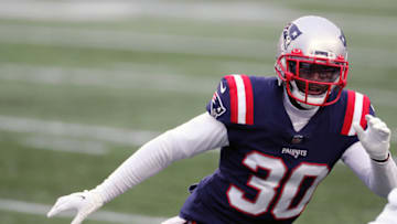 FOXBOROUGH, MA - JANUARY 03: Jason McCourty #30 of the New England Patriots runs to cover against the New York Jets at Gillette Stadium on January 3, 2021 in Foxborough, Massachusetts. (Photo by Al Pereira/Getty Images)