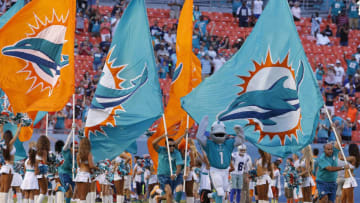 MIAMI GARDENS, FL - AUGUST 23: Miami Dolphins cheerleaders, flag bearers and the Dolphins' mascot celebrate as their team runs onto the field before meeting the Dallas Cowboys in a preseason game at Sun Life Stadium on August 23, 2014 in Miami Gardens, Florida. (Photo by Rob Foldy/Getty Images)