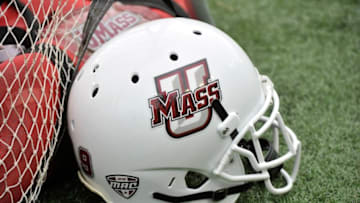 NASHVILLE, TN - SEPTEMBER 13: A helmet of the University of Massachusetts Minutemen rests on the sideline during a game against the Vanderbilt Commodores at Vanderbilt Stadium on September 13, 2014 in Nashville, Tennessee. (Photo by Frederick Breedon/Getty Images)