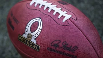 HONOLULU, HI - SUNDAY, JANUARY 31: The Pro Bowl logo on a football during the second half of the 2016 NFL Pro Bowl at Aloha Stadium on January 31, 2016 in Honolulu, Hawaii.Team Irvin defeated Team Rice 49-27. (Photo by Kent Nishimura/Getty Images)