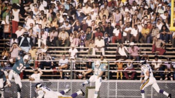 MIAMI, FL - SEPTEMBER 10, 1972: Punter Larry Seiple #20, of the Miami Dolphins, kicks the ball during a preseason game against the Minnesota Vikings on September 10, 1972 in Miami, Florida. (Photo by: Kidwiler Collection/Diamond Images/Getty Images)