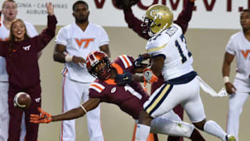 BLACKSBURG, VA - NOVEMBER 12: Wide receiver Isaiah Ford #1 of the Virginia Tech Hokies watches the ball fall incomplete while being defended by defensive back Lance Austin #17 of the Georgia Tech Yellow Jackets at Lane Stadium on November 12, 2016 in Blacksburg, Virginia. Georgia Tech defeated Virginia Tech 30-20. (Photo by Michael Shroyer/Getty Images)