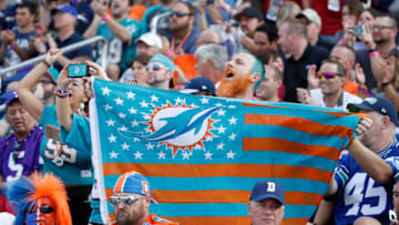 CANTON, OH - AUGUST 05: Miami Dolphins fans show support for defensive lineman Jason Taylor prior to the Pro Football Hall of Fame Enshrinement Ceremony at Tom Benson Hall of Fame Stadium on August 5, 2017 in Canton, Ohio. (Photo by Joe Robbins/Getty Images)