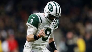NEW ORLEANS, LA - DECEMBER 17: Quarterback Bryce Petty #9 of the New York Jets celebrates during the first half of a game against the New Orleans Saints at the Mercedes-Benz Superdome on December 17, 2017 in New Orleans, Louisiana. (Photo by Sean Gardner/Getty Images)