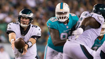 PHILADELPHIA, PA - AUGUST 24: Matt McGloin #3 of the Philadelphia Eagles tosses the ball against Jordan Phillips #97 of the Miami Dolphins in the second quarter in the preseason game at Lincoln Financial Field on August 24, 2017 in Philadelphia, Pennsylvania. The Eagles defeated the Dolphins 38-31. (Photo by Mitchell Leff/Getty Images)