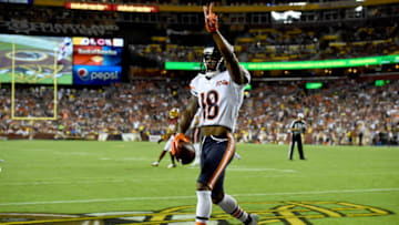 LANDOVER, MD - SEPTEMBER 23: Taylor Gabriel #18 of the Chicago Bears celebrates after scoring a touchdown during the first half against the Washington Redskins at FedExField on September 23, 2019 in Landover, Maryland. (Photo by Will Newton/Getty Images)
