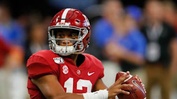 ATLANTA, GEORGIA - AUGUST 31: Tua Tagovailoa #13 of the Alabama Crimson Tide warms up prior to facing the Duke Blue Devils at Mercedes-Benz Stadium on August 31, 2019 in Atlanta, Georgia. (Photo by Kevin C. Cox/Getty Images)