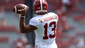COLUMBIA, SOUTH CAROLINA - SEPTEMBER 14: Tua Tagovailoa #13 of the Alabama Crimson Tide warms up before their game against the South Carolina Gamecocks at Williams-Brice Stadium on September 14, 2019 in Columbia, South Carolina. (Photo by Streeter Lecka/Getty Images)