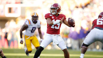 TUSCALOOSA, ALABAMA - NOVEMBER 09: Tua Tagovailoa #13 of the Alabama Crimson Tide throws a pass during the first half against the LSU Tigers in the game at Bryant-Denny Stadium on November 09, 2019 in Tuscaloosa, Alabama. (Photo by Todd Kirkland/Getty Images)