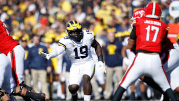 COLLEGE PARK, MD - NOVEMBER 02: Kwity Paye #19 of the Michigan Wolverines in action on defense during a game against the Maryland Terrapins at Capital One Field at Maryland Stadium on November 2, 2019 in College Park, Maryland. Michigan defeated Maryland 38-7. (Photo by Joe Robbins/Getty Images)