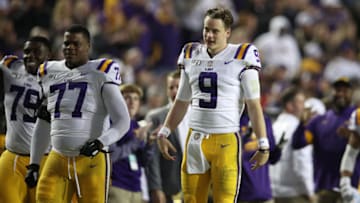 BATON ROUGE, LOUISIANA - NOVEMBER 23: Joe Burrow #9 of the LSU Tigers looks on during the game against the Arkansas Razorbacks at Tiger Stadium on November 23, 2019 in Baton Rouge, Louisiana. (Photo by Chris Graythen/Getty Images)